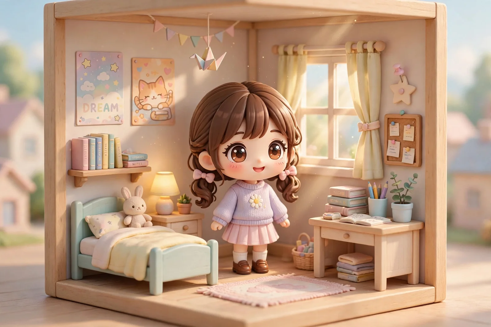 3Dちびキャラ俯瞰セルフィー・ベッドルーム - 3