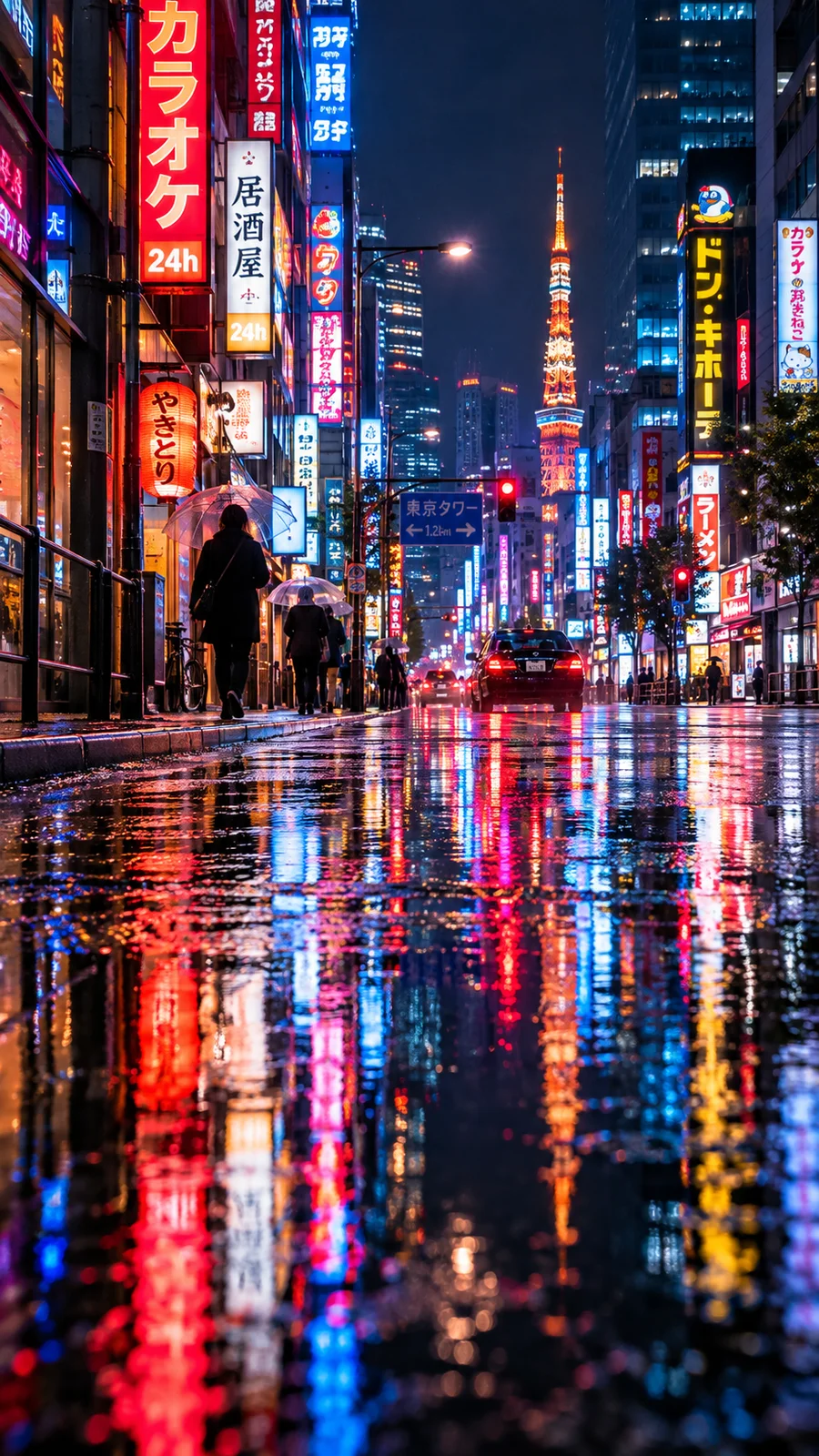 雨夜の都市とネオンの水たまり反射 - 2