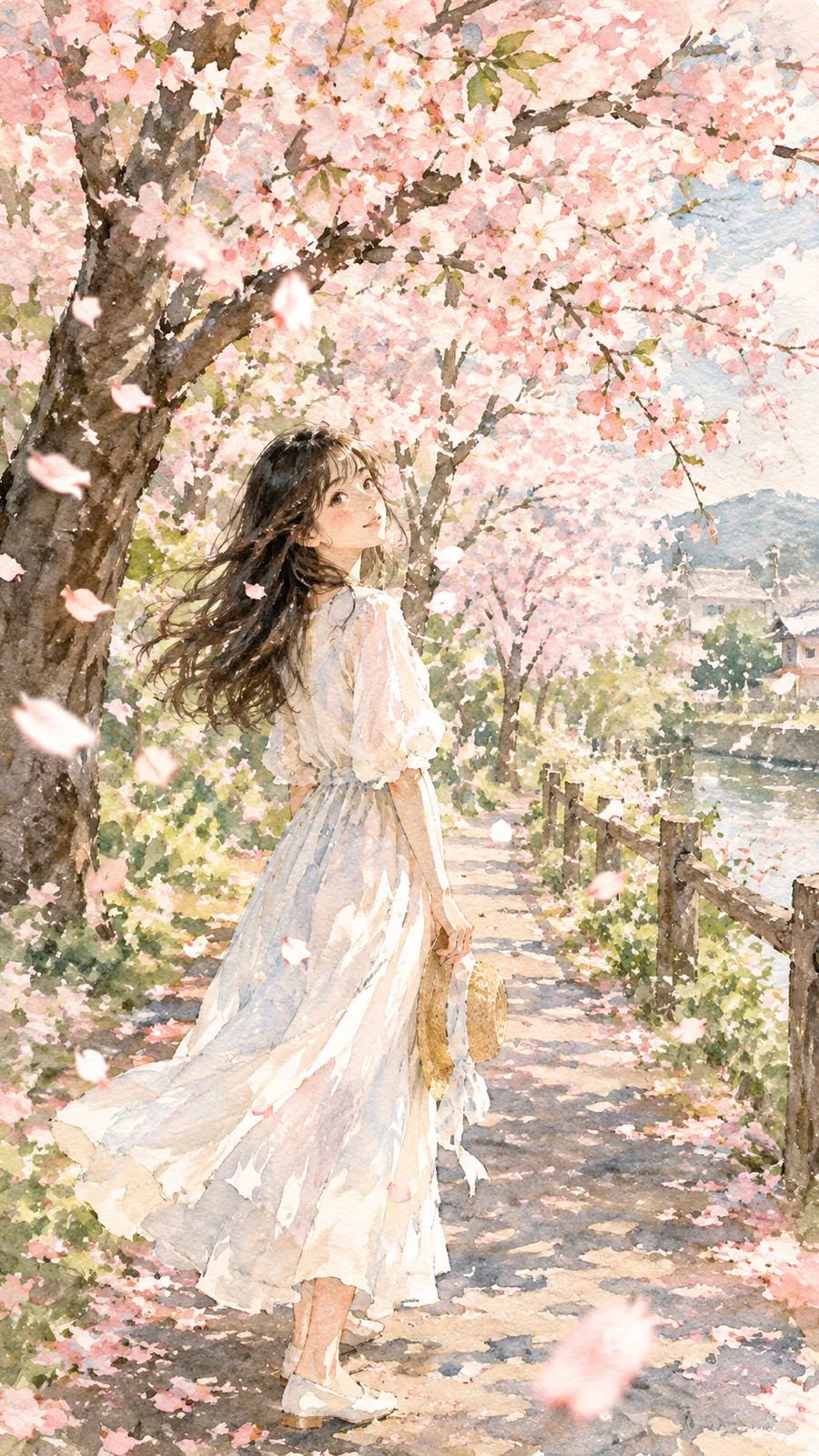 水彩タッチの桜と少女イラスト - 7