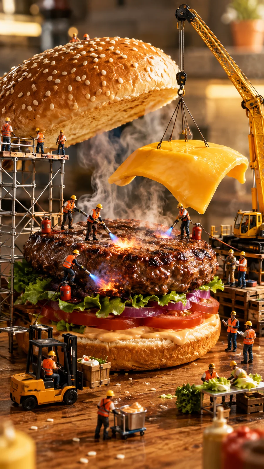 巨大ハンバーガーを建設するミニチュア作業員 - 4