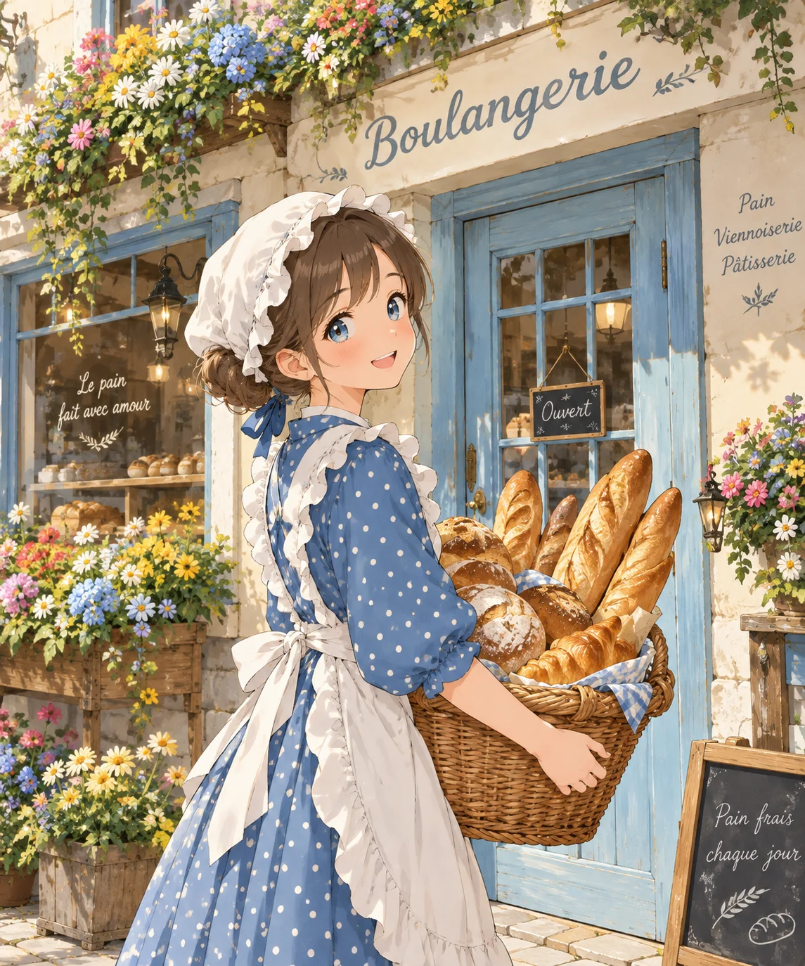レトロな街角ベーカリーと少女のアニメイラスト