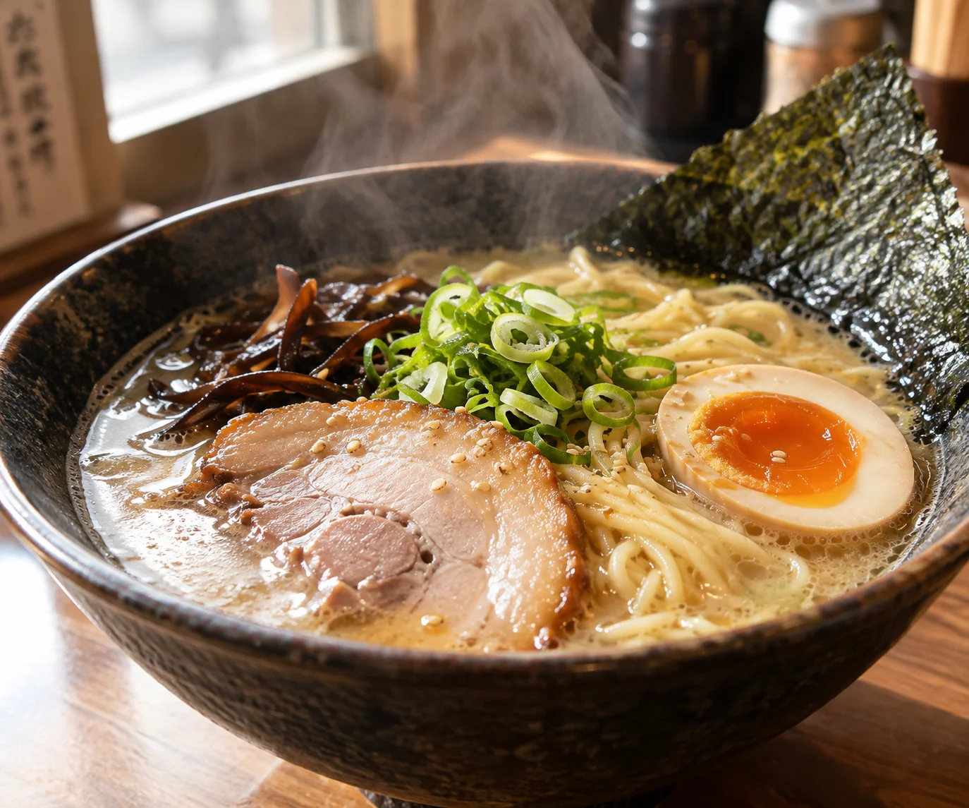 湯気立つ本格ラーメンのシズル感フードフォト