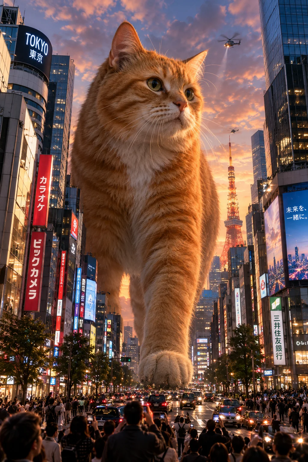 東京の街を歩く巨大猫