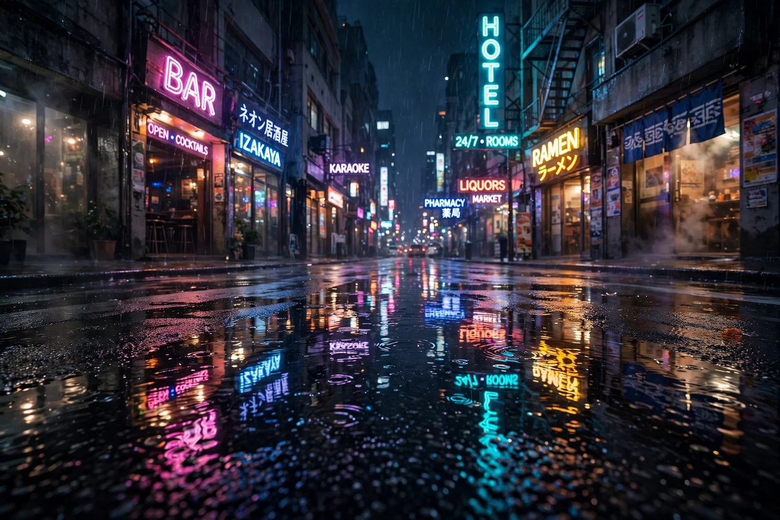 雨夜の都市とネオンの水たまり反射 - 4