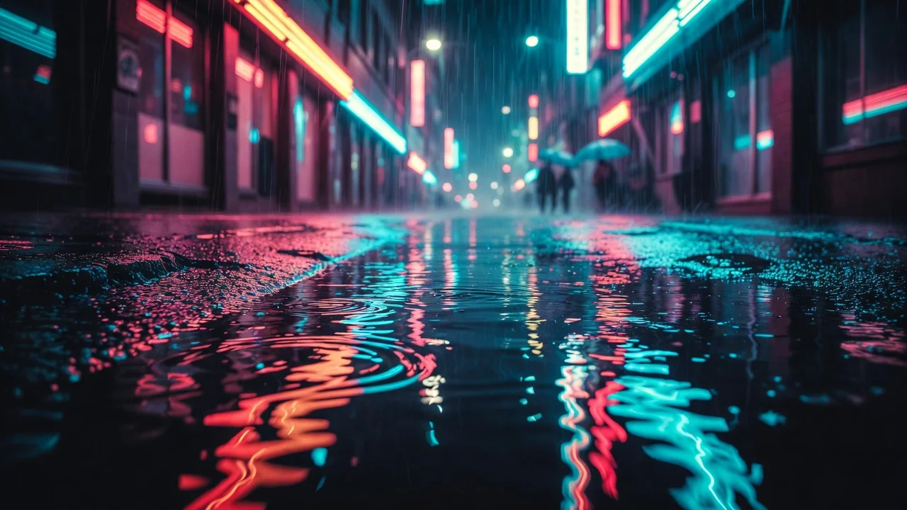 雨夜の都市とネオンの水たまり反射