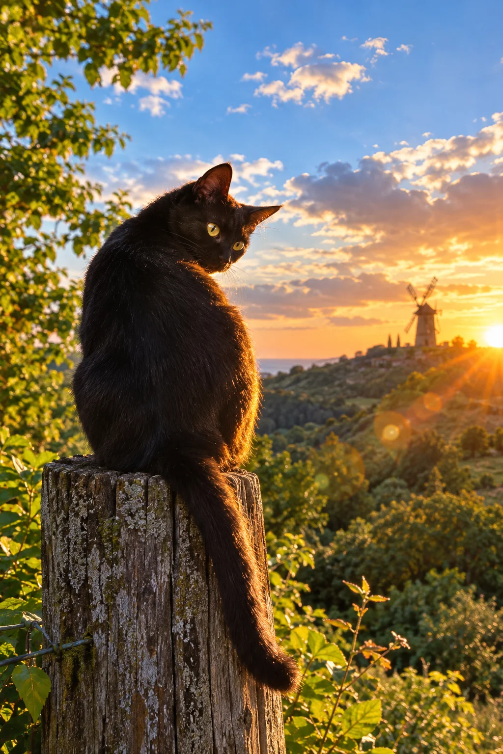 夕陽の逆光に振り返る黒猫