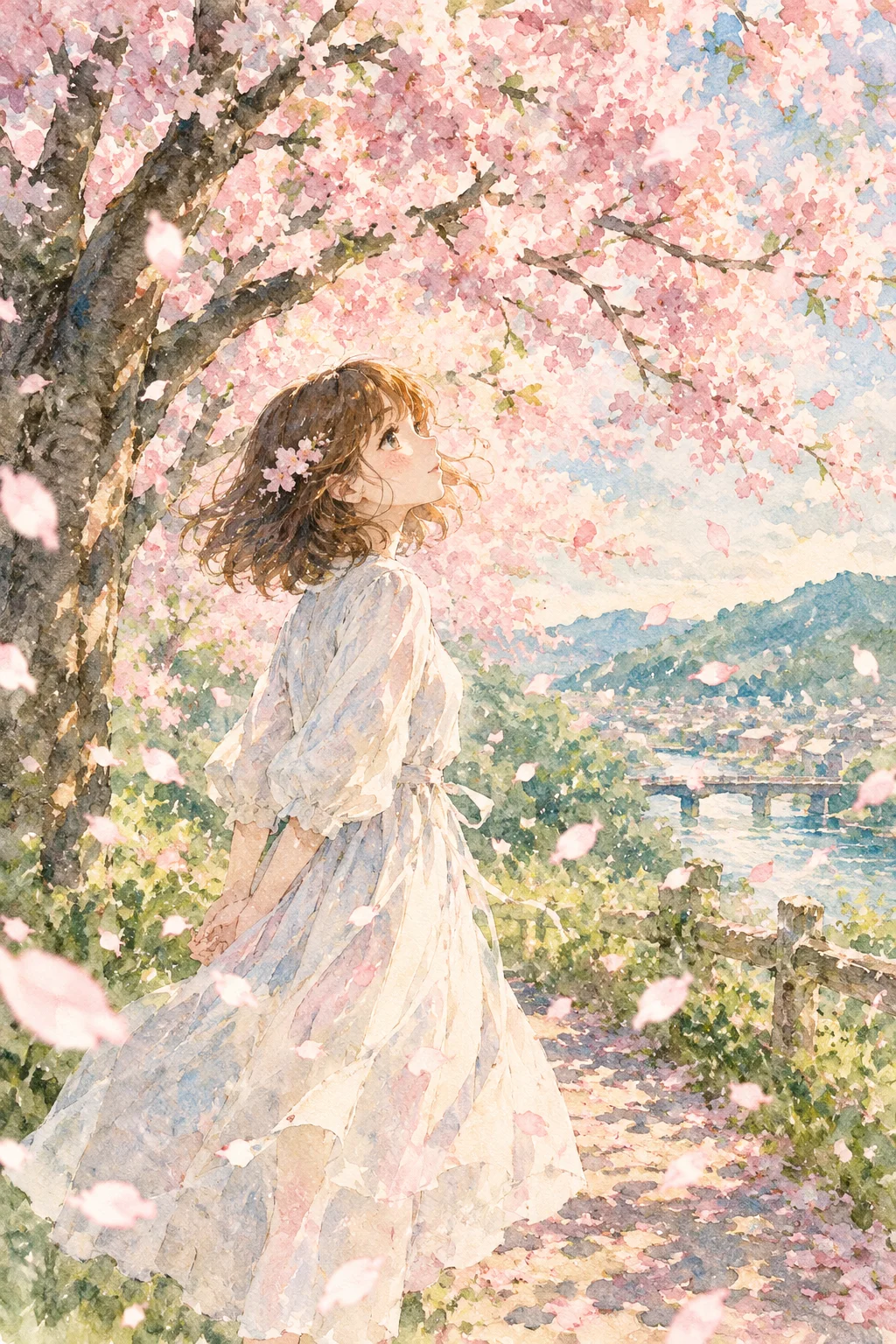 水彩タッチの桜と少女イラスト