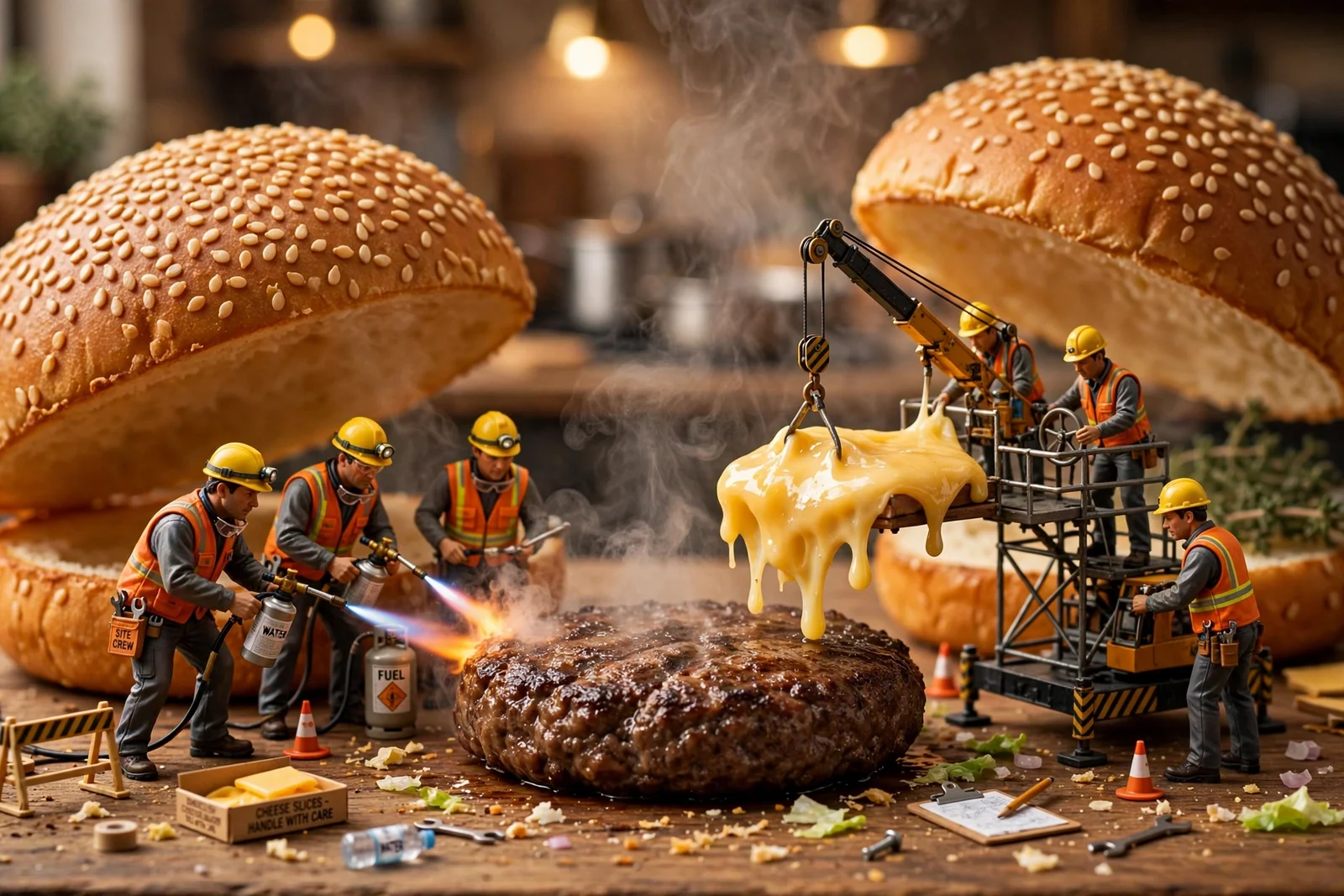 巨大ハンバーガーを建設するミニチュア作業員 - 3