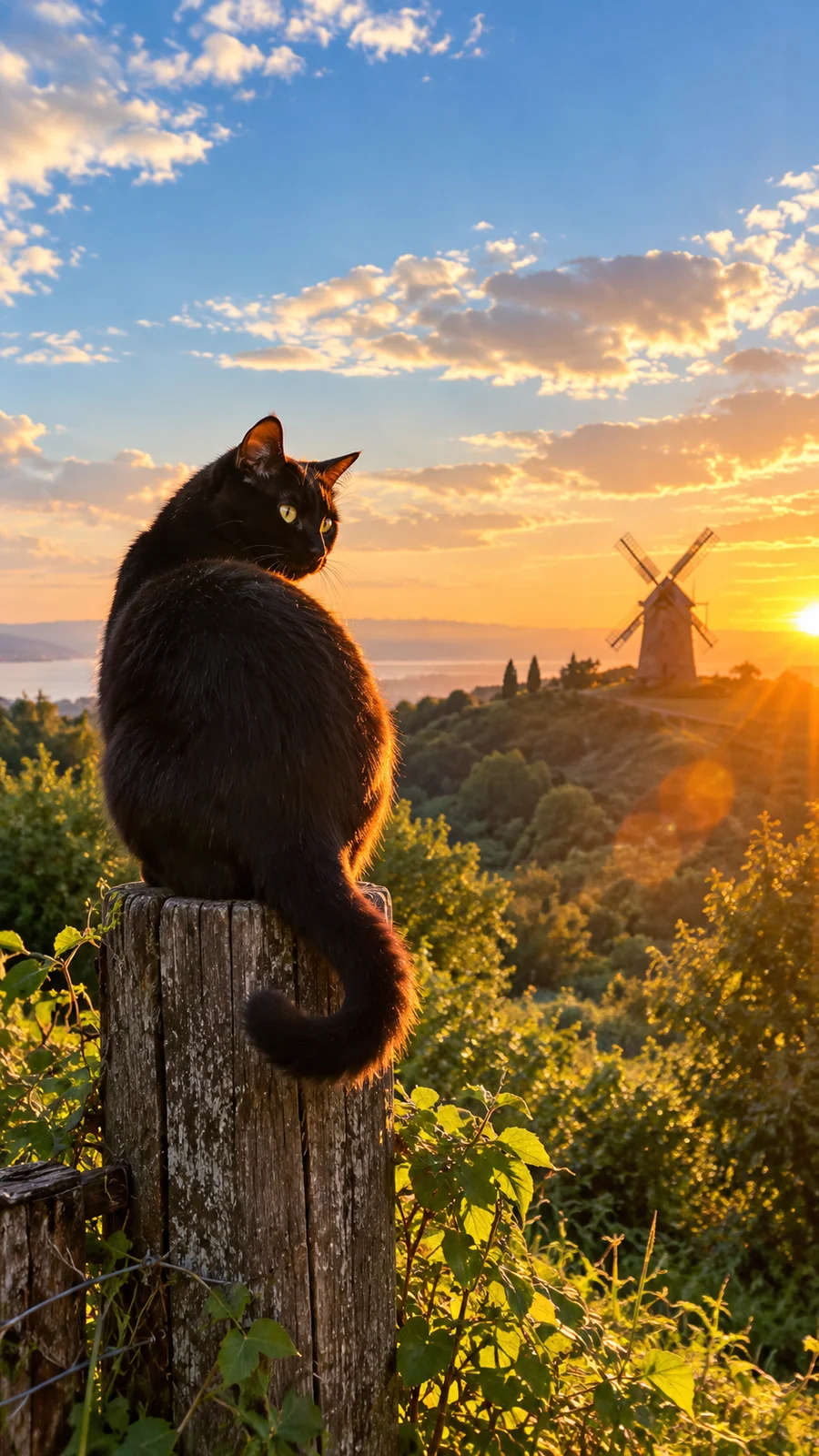 夕陽の逆光に振り返る黒猫 - 2