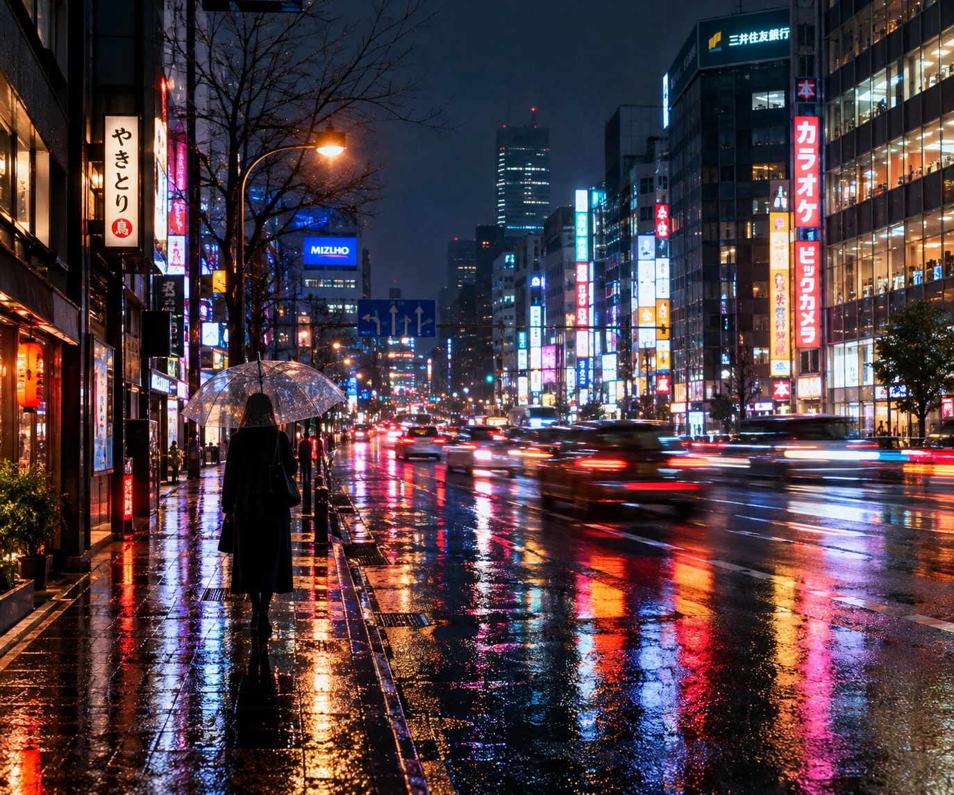 雨に濡れた夜のネオンストリート