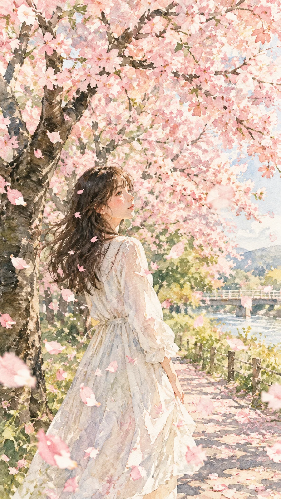 水彩タッチの桜と少女イラスト - 4
