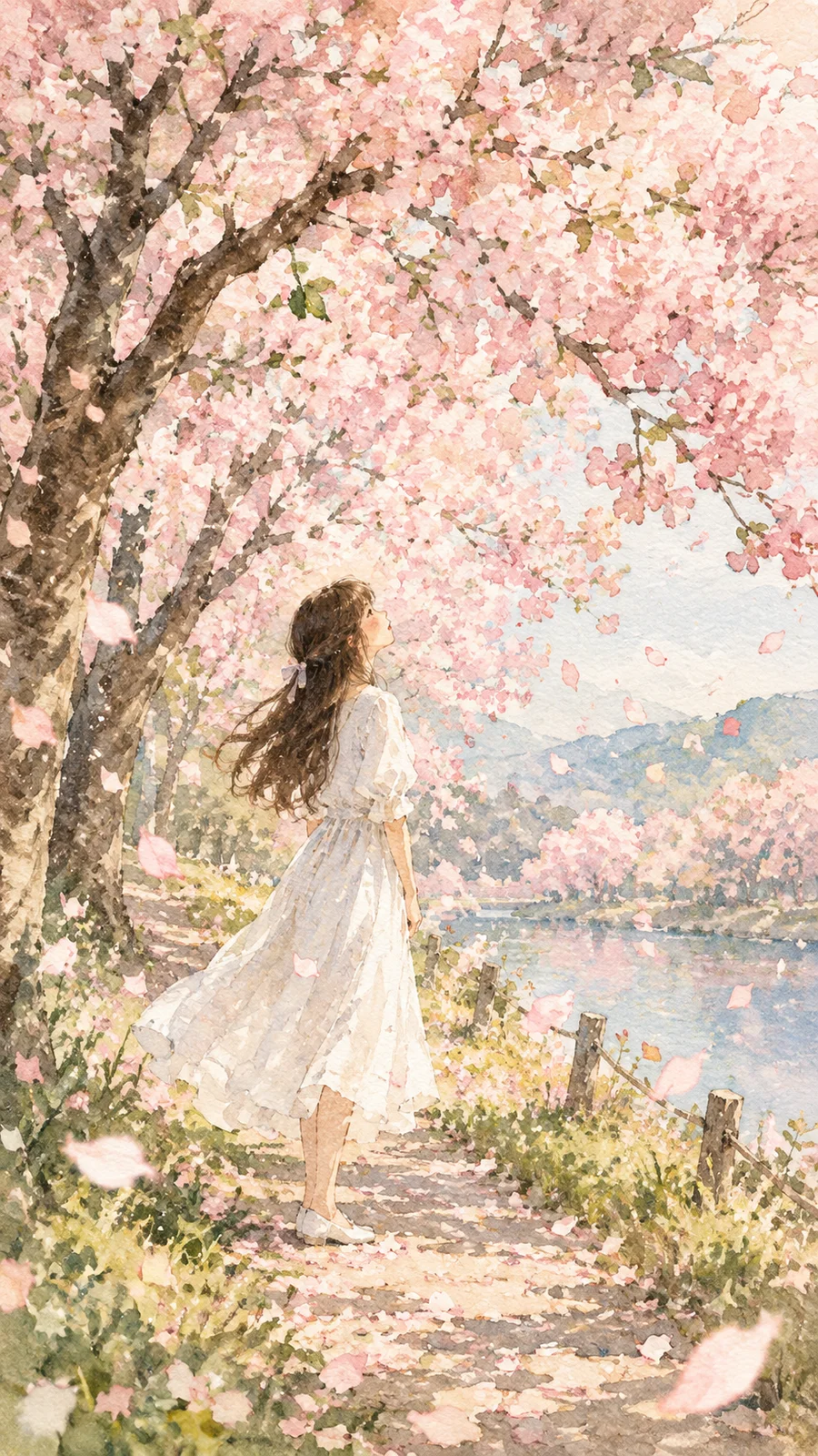 水彩タッチの桜と少女イラスト - 9