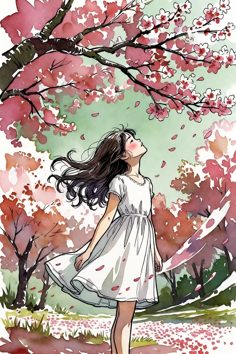 水彩タッチの桜と少女イラスト - 2