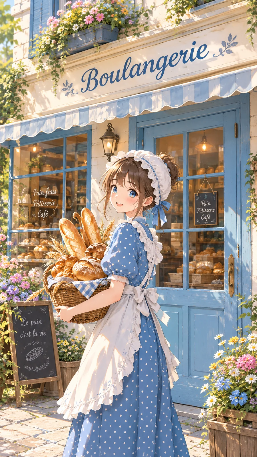 レトロな街角ベーカリーと少女のアニメイラスト - 3