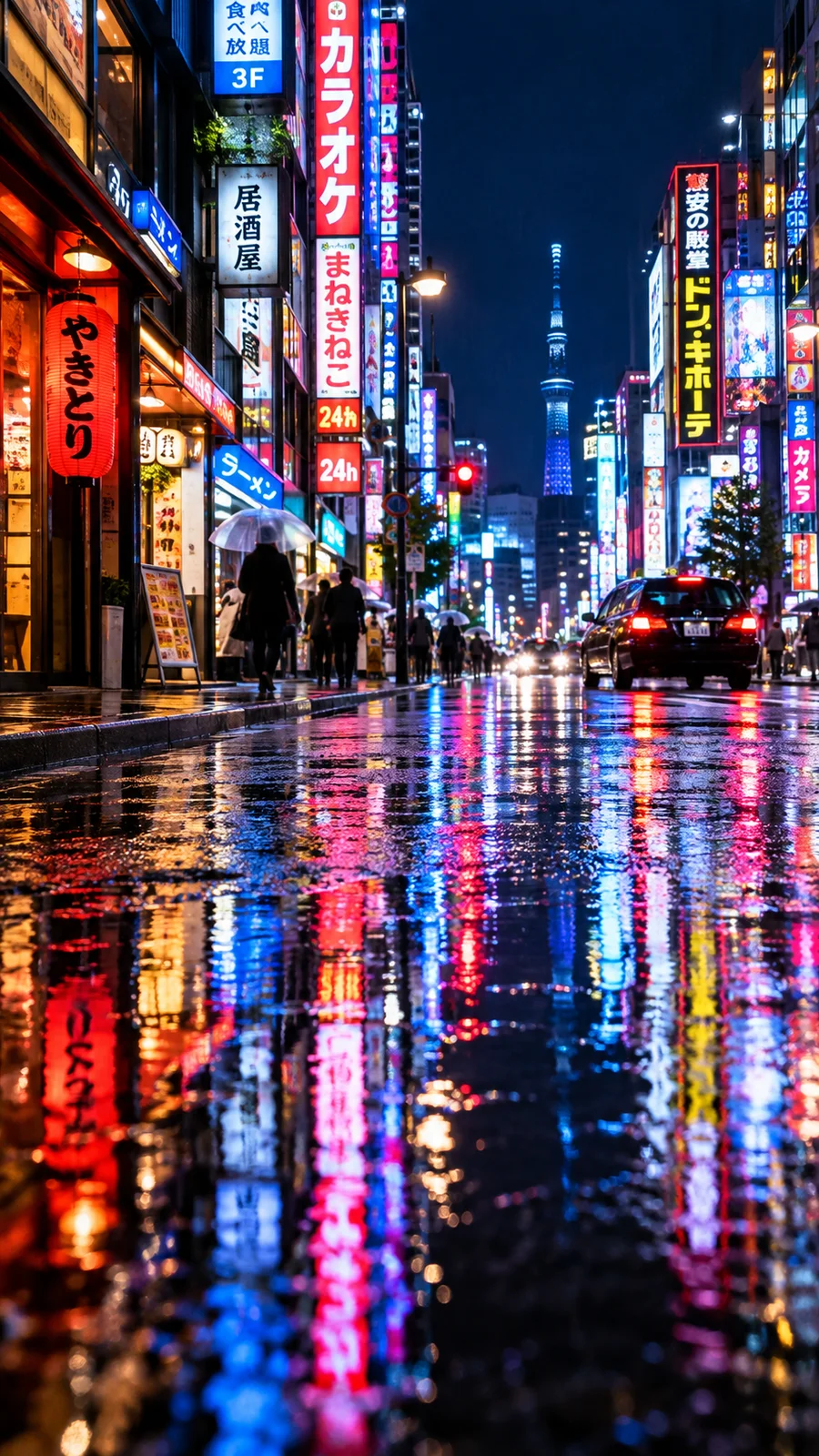 雨夜の都市とネオンの水たまり反射 - 9