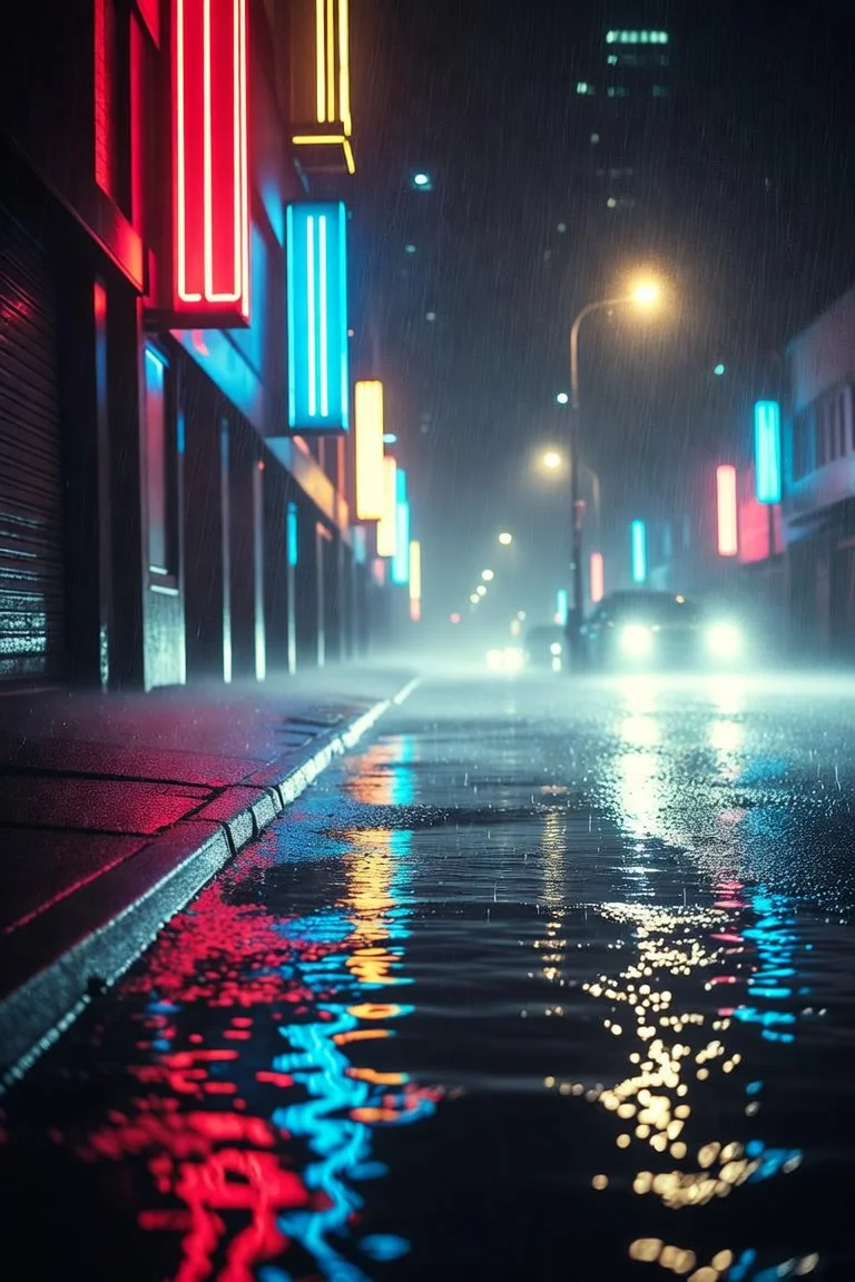 雨夜の都市とネオンの水たまり反射 - 3
