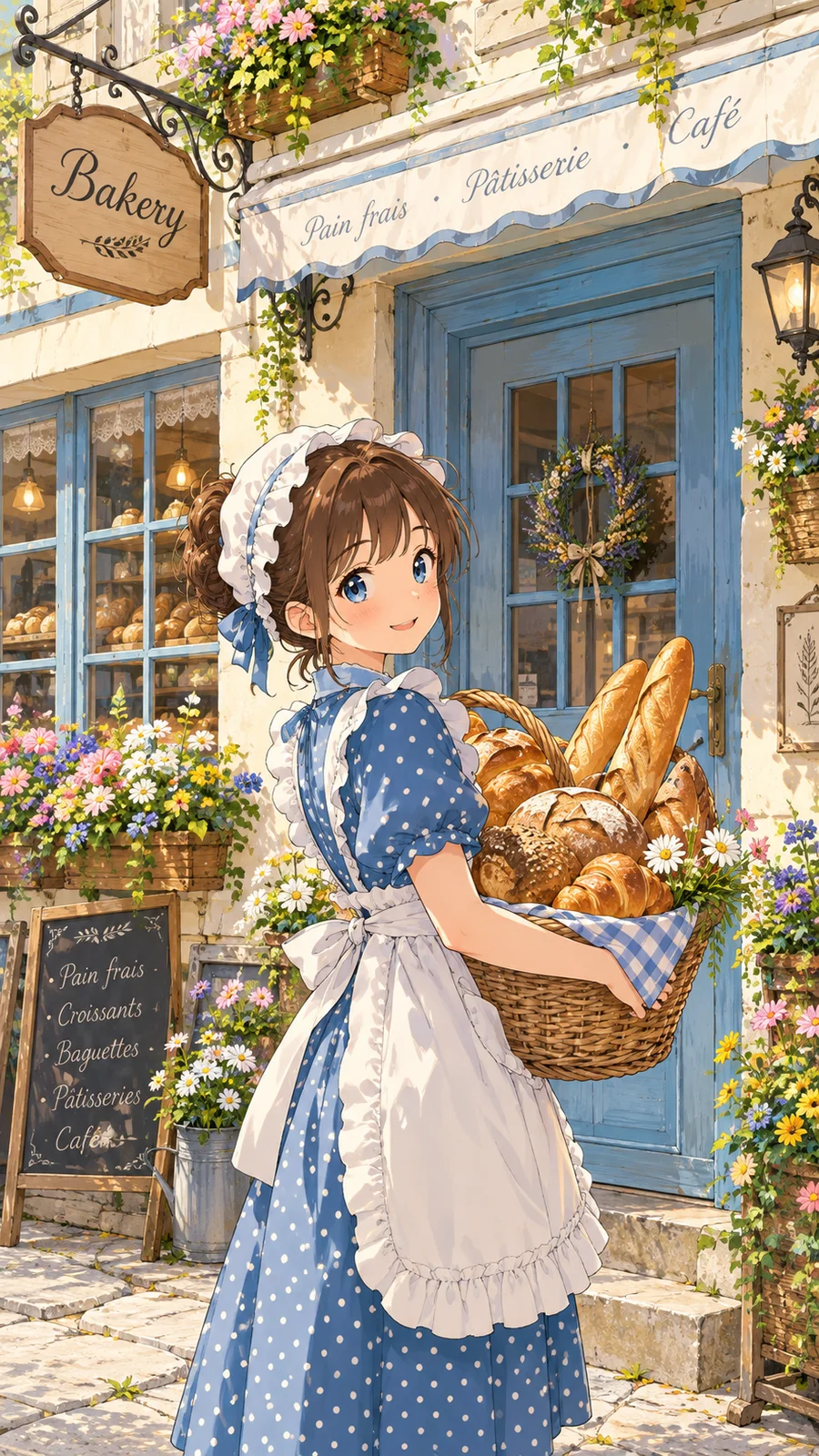 レトロな街角ベーカリーと少女のアニメイラスト - 4